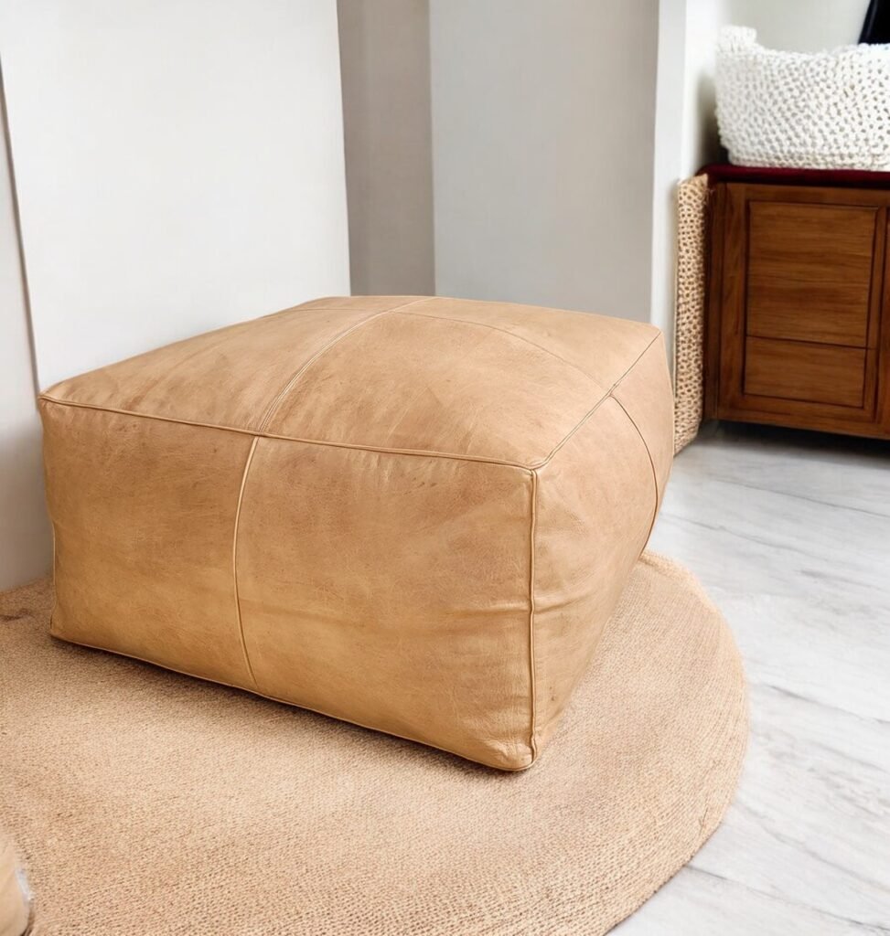 Square Tan Leather Ottoman Footstool Pouf Tan Leather Hassock Footstool, metal hanging lights