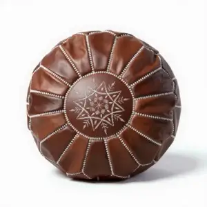 Brown Moroccan Round Ottoman Leather Pouf