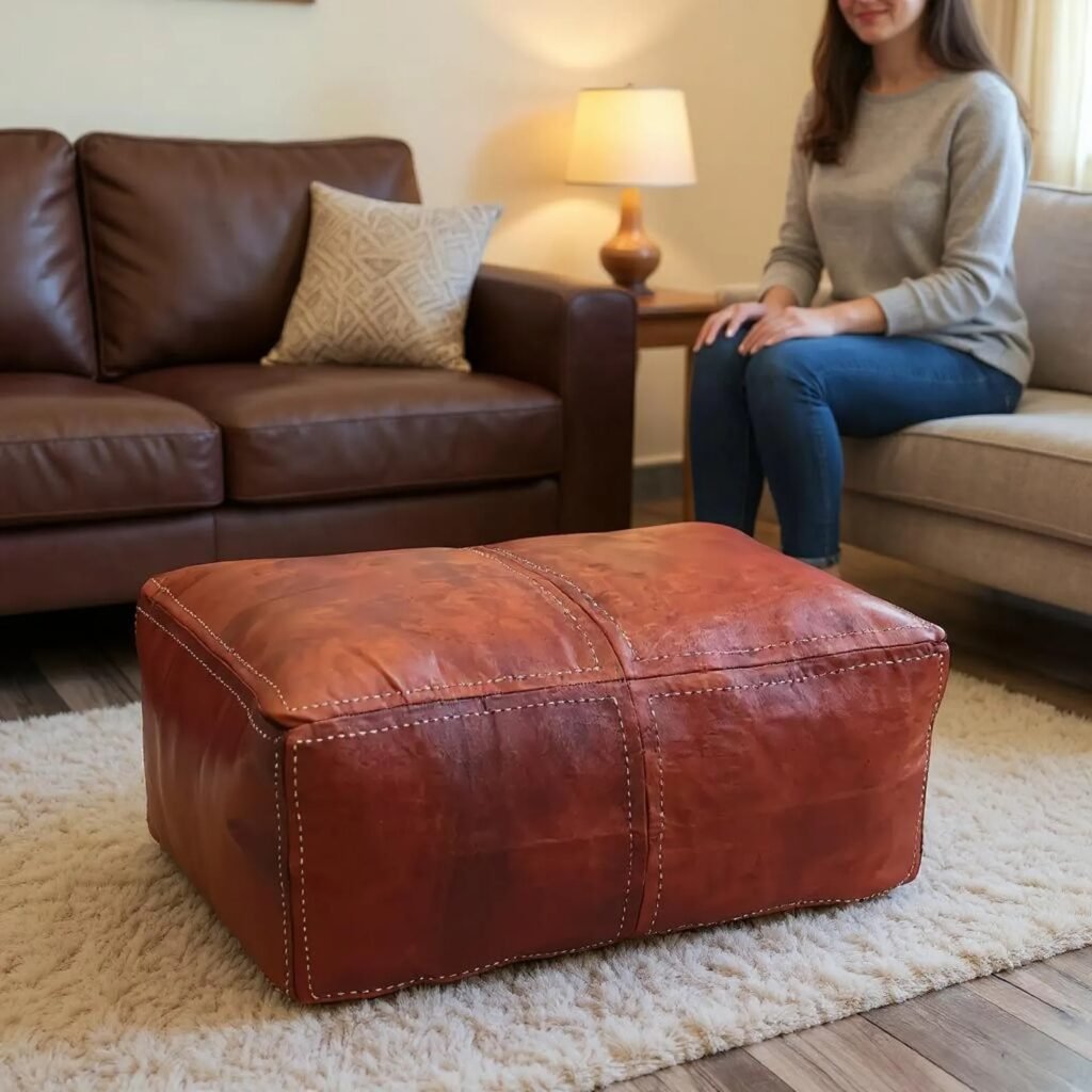 Authentic Moroccan Leather Pouf Ottoman hand made pottery