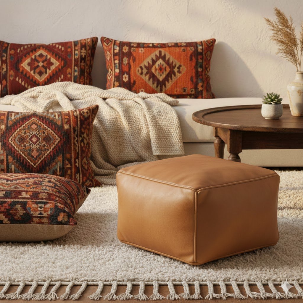 Genuine Leather Footstool, Boho Home Decor colorful bottle