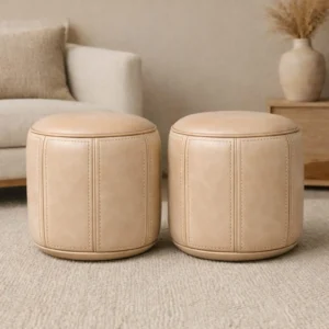 All Poufs Beige Round Leather Pouf – Handmade Moroccan Footstool for Bohemian Décor