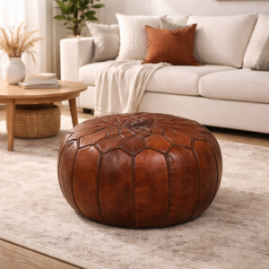 All Poufs handmade moroccan genuine leather pouf ottoman cover – unstuffed foot stool ottoman, boho foot rest under desk, round ottoman for living room, bedroom housewarming gifts new home, weddings gifts