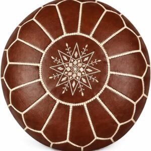 Elegant Moroccan brown leather ottoman featuring intricate gold detailing and geometric patterns.
