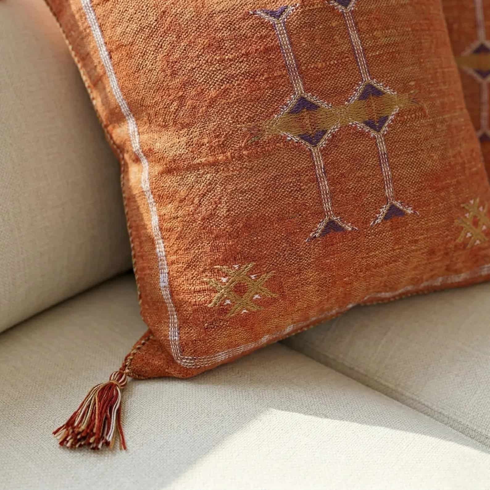 Boho Moroccan Cactus Silk Pillow Handmade Moroccan cactus silk pillow in green with intricate embroidery. Perfect for bohemian home d.