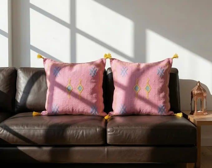 Handmade Moroccan Pillow Cover Decorative Cactus Silk Accent Pillows in Green.