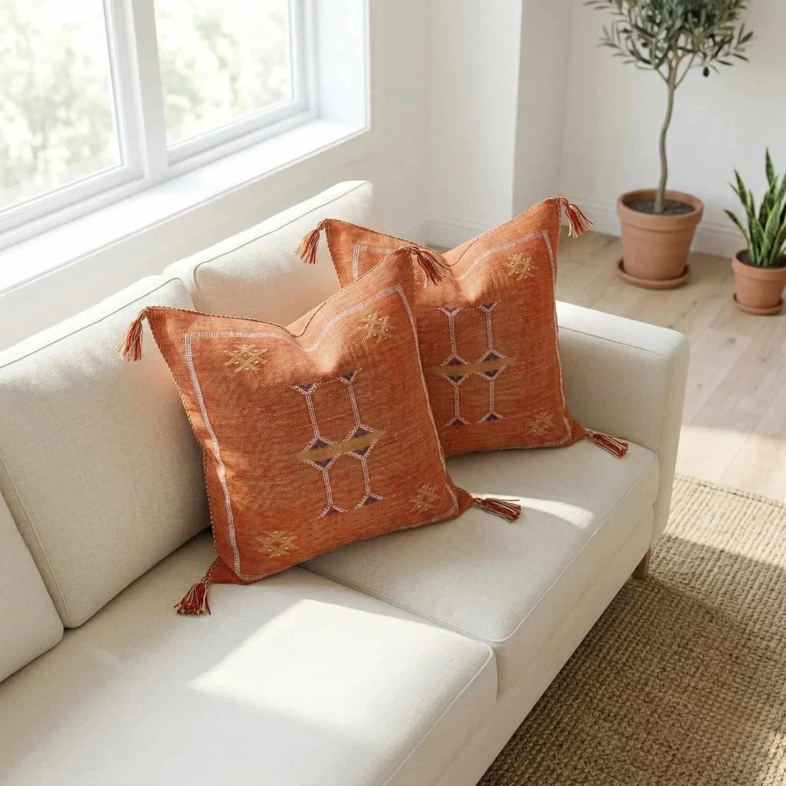 Handmade Moroccan Pillow Cover | Cactus Silk Accent Pillow - Green Moroccan cactus silk pillow covers with intricate geometric patterns in green, perfect for boho and.