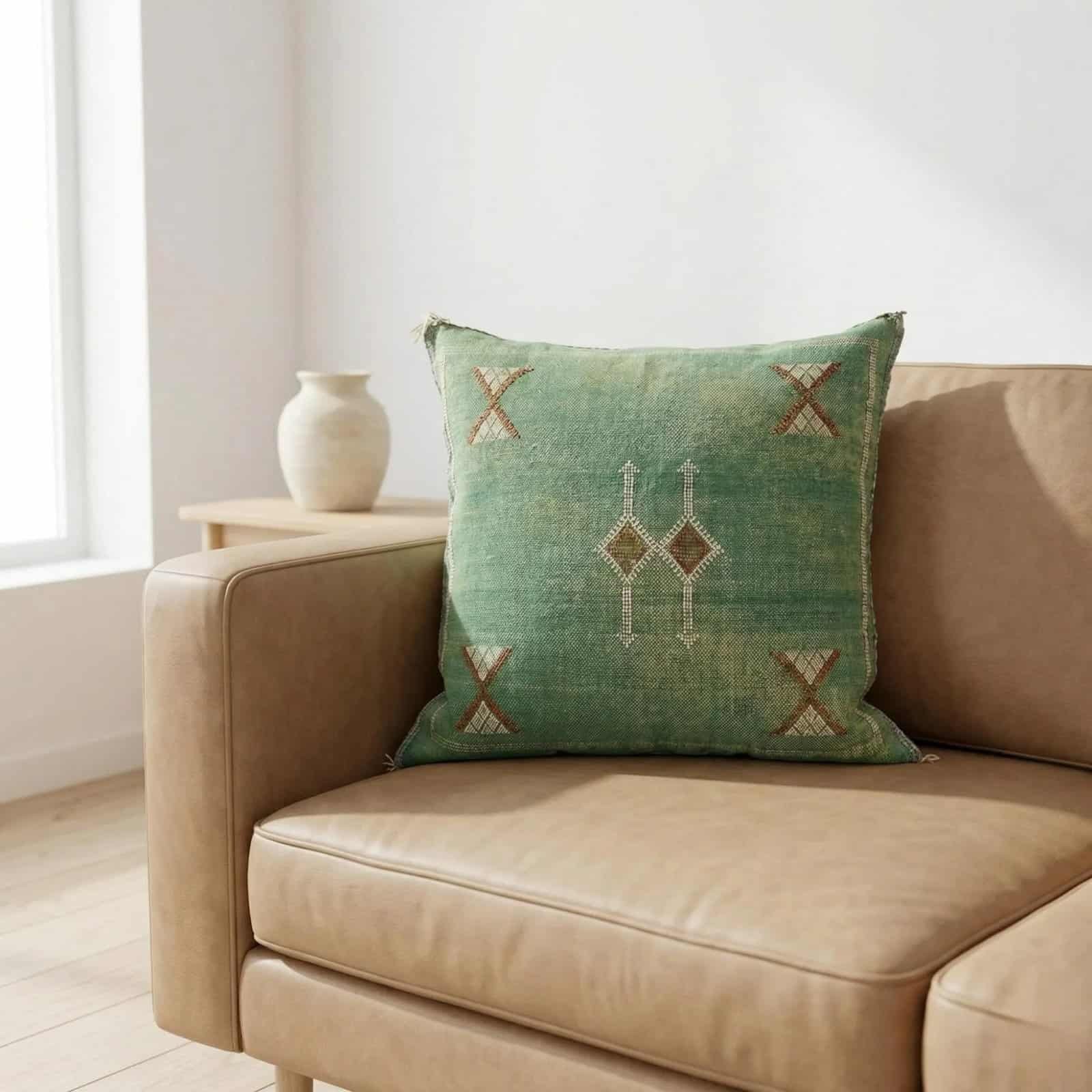 Handmade Moroccan Pillow Cover | Cactus Silk Accent Pillow Decorative green Moroccan pillow with cactus silk, perfect for boho or modern interiors.