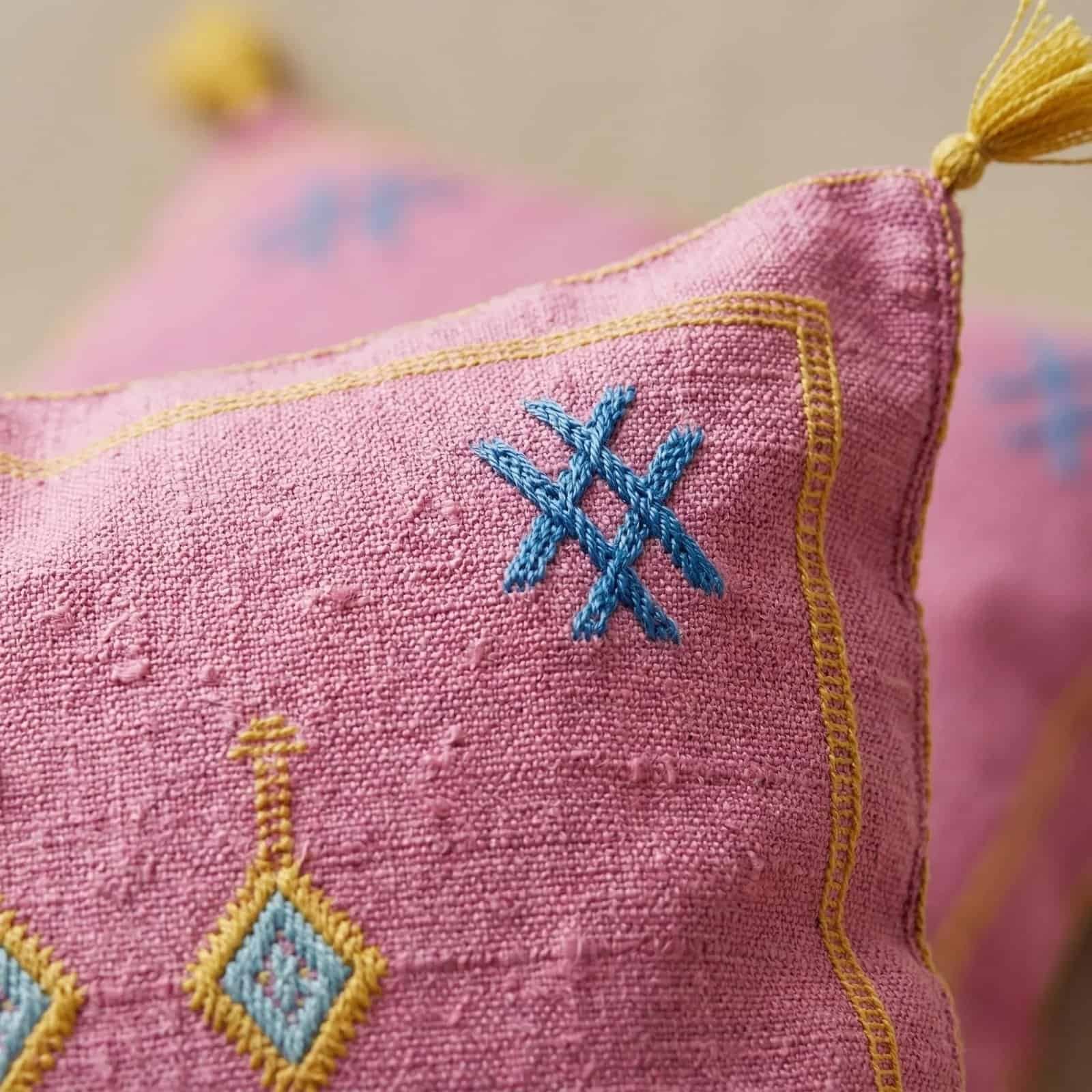 Handmade Moroccan Pillow Cover | Cactus Silk Accent Pillow - Green Decorative Moroccan pillow with cactus silk in green, featuring intricate embroidery and vibrant col.